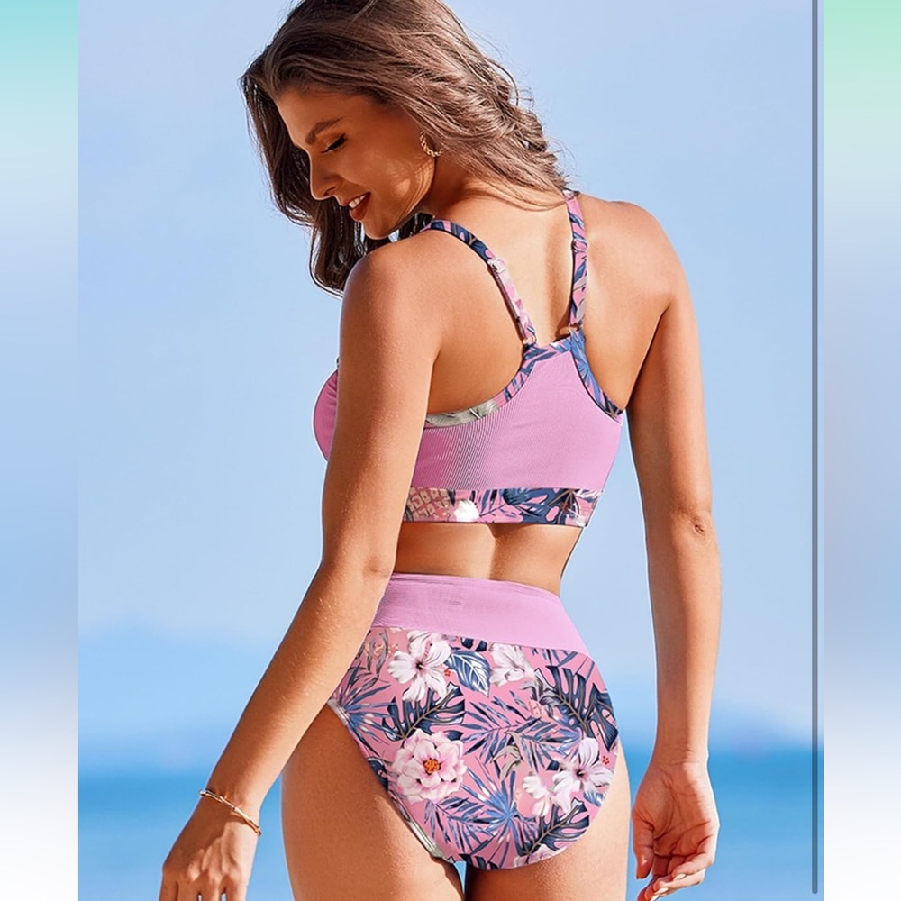 AI'MAGE High Neck Ribbed Two Pieces Bikini Swimsuit Pink Print Women’s Medium - Picture 3 of 10